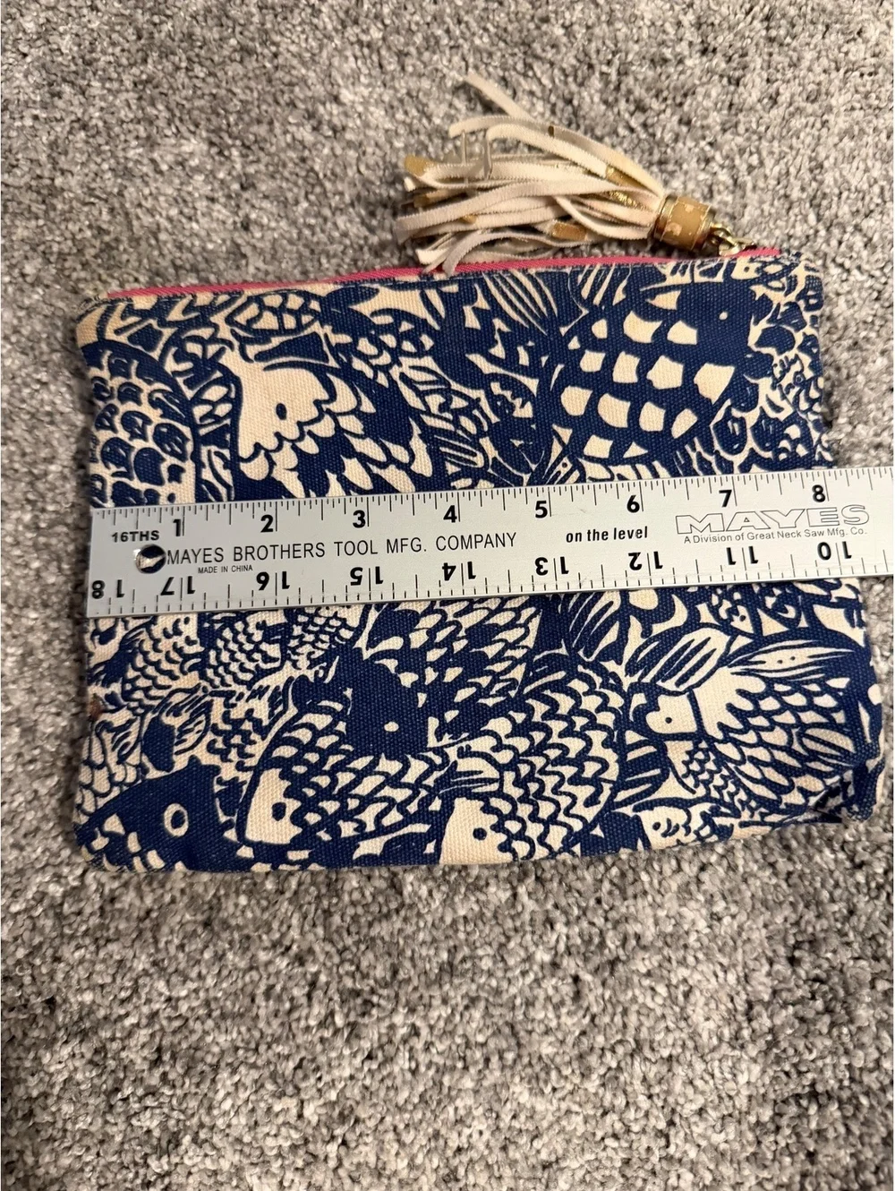 Lilly Pulitzer Blue and Beige Patterned Canvas Tassel Clutch